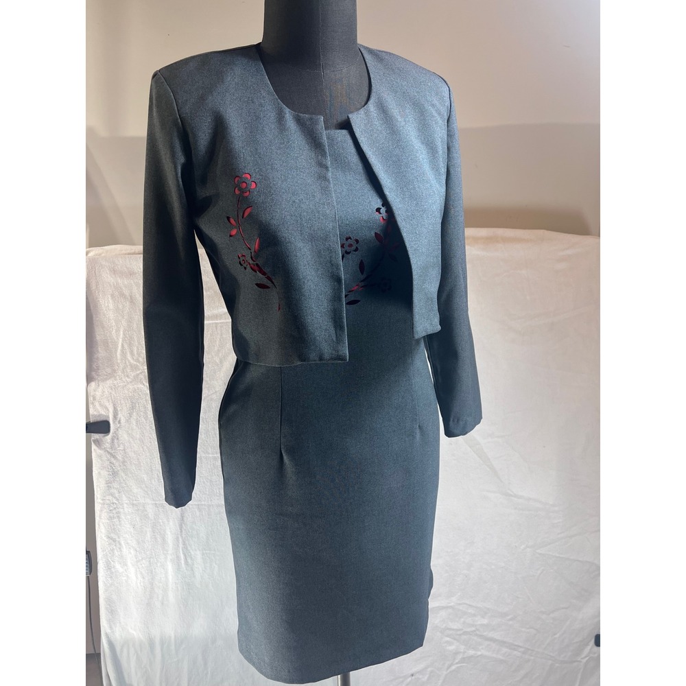 Chad Stevens Vintage Gray Red Floral Laser Cut Dress and Bolero Jacket Set 6P